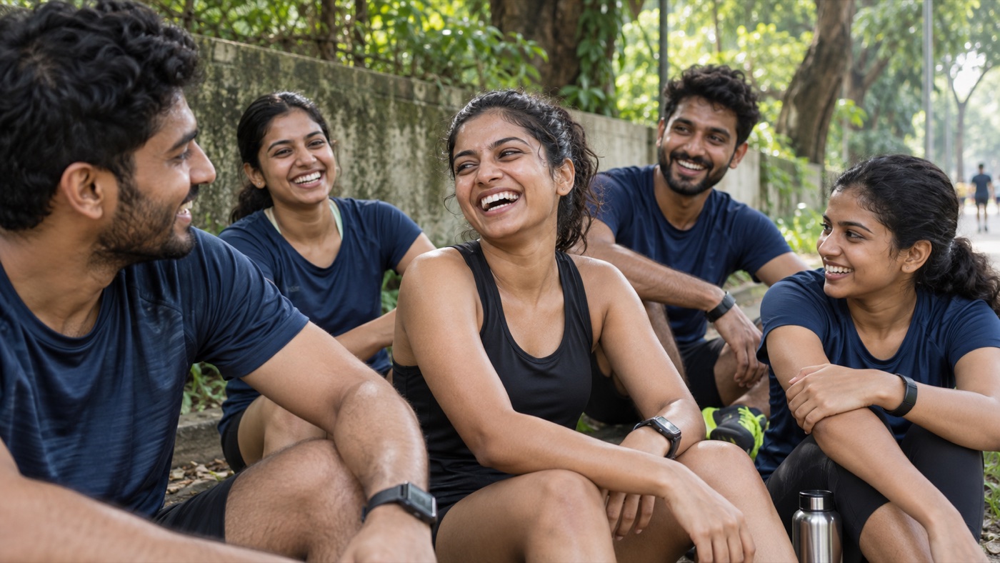 A group of runners laughing together after their weekend run