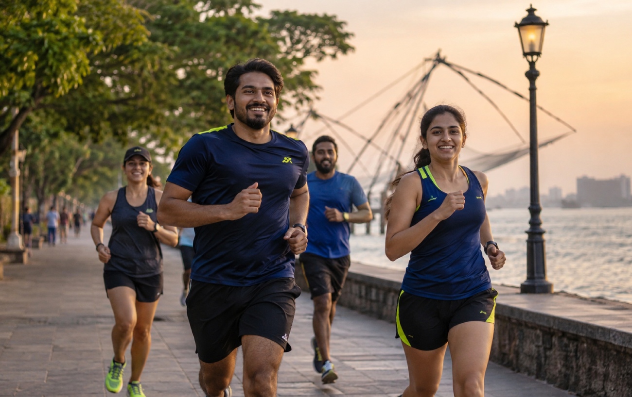 A joyful local running community moving through a city park