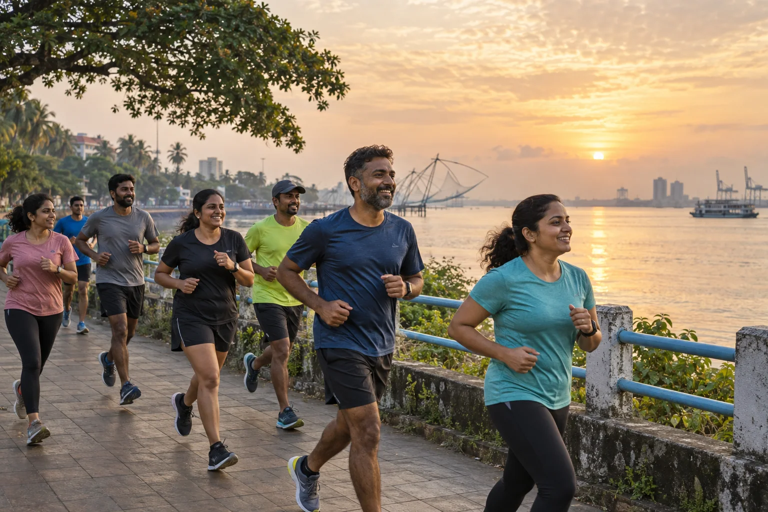 A community running beside the Kochi waterfront at sunrise